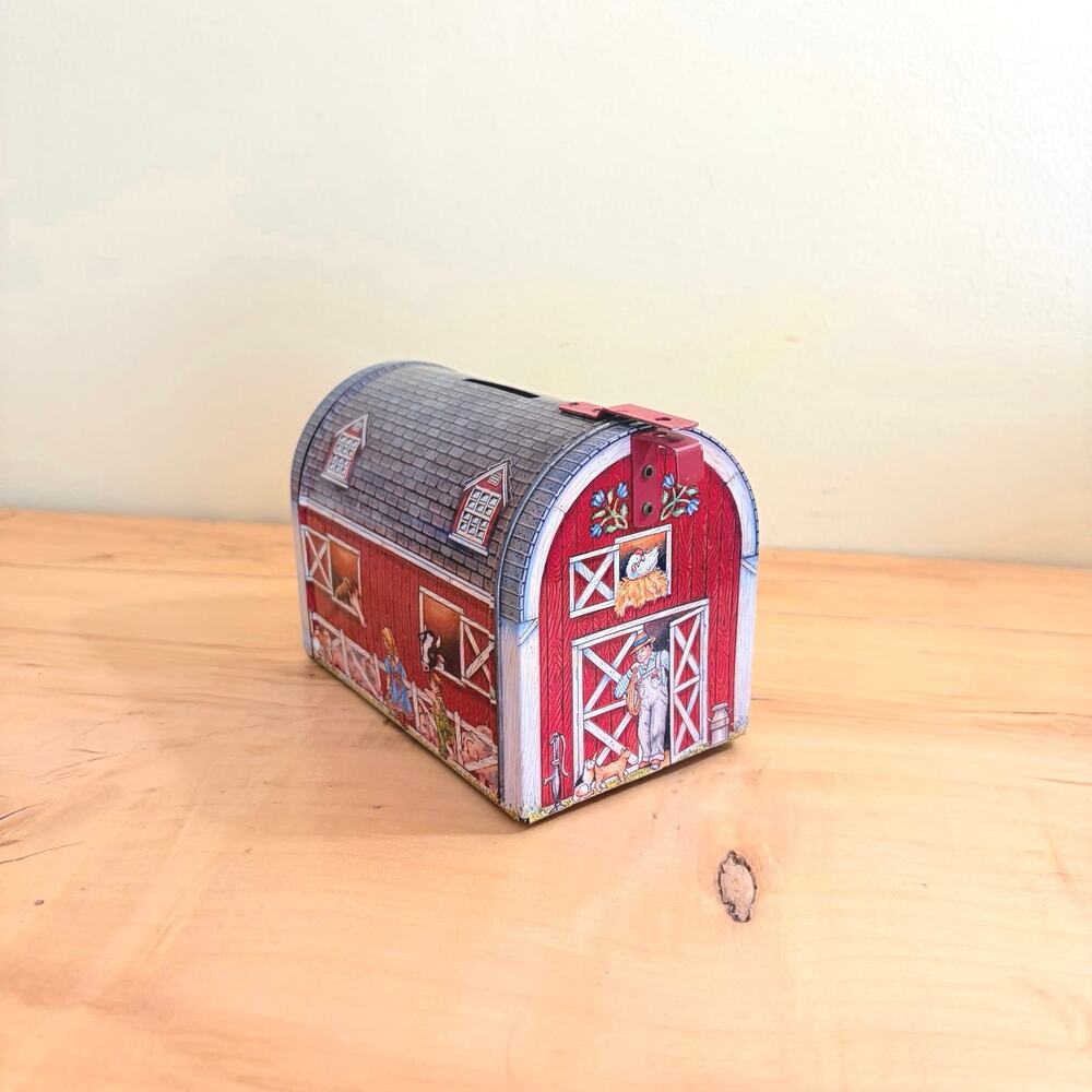 Vtg 80s 90s Nobel Hall Barn Mailbox Bank Collectible Tin Rustic Farmhouse